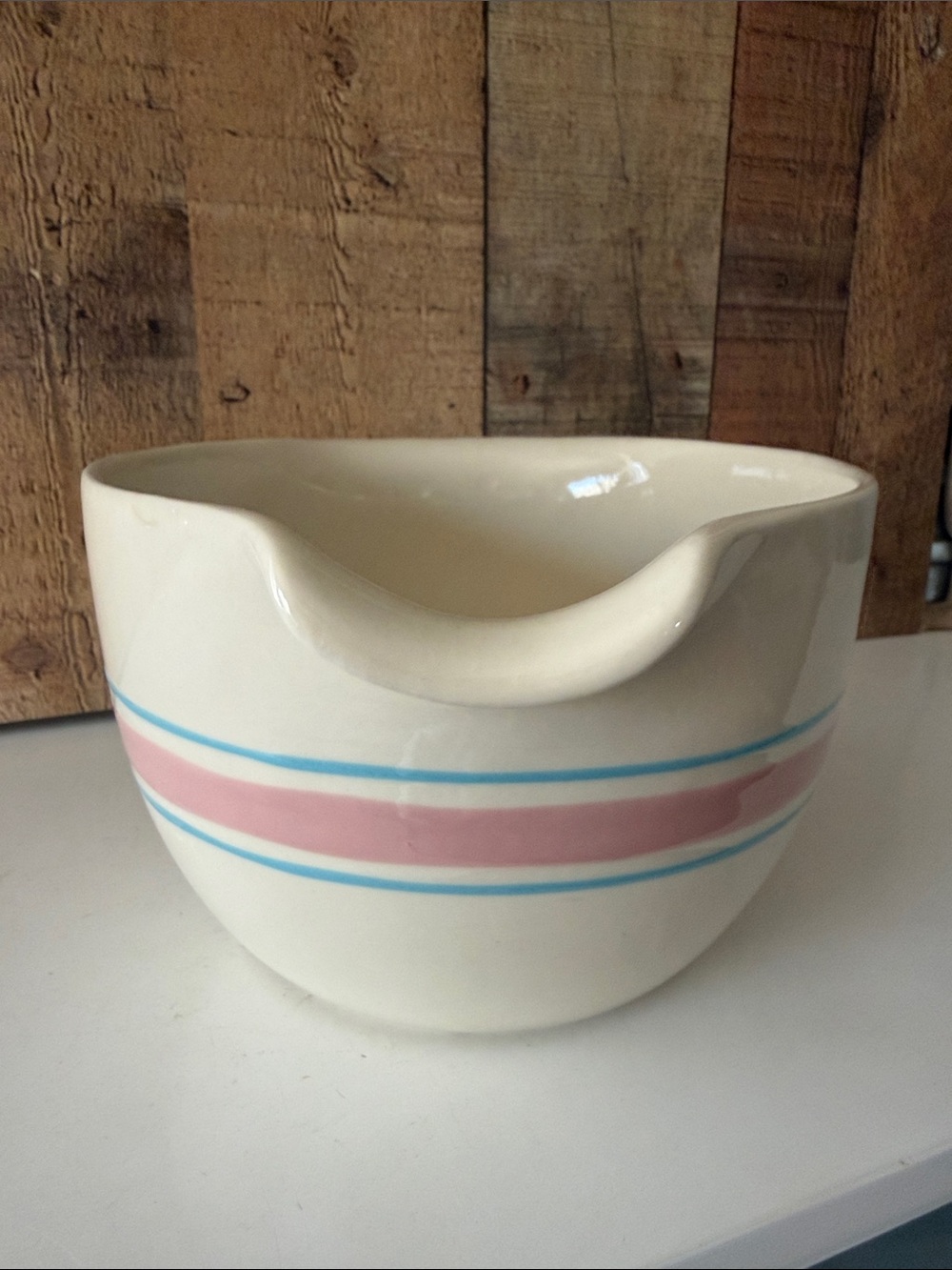 VTG McCoy Pottery Model 129~ 2 Quart Cream Batter Bowl Pink and Blue Stripe - Picture 5 of 7